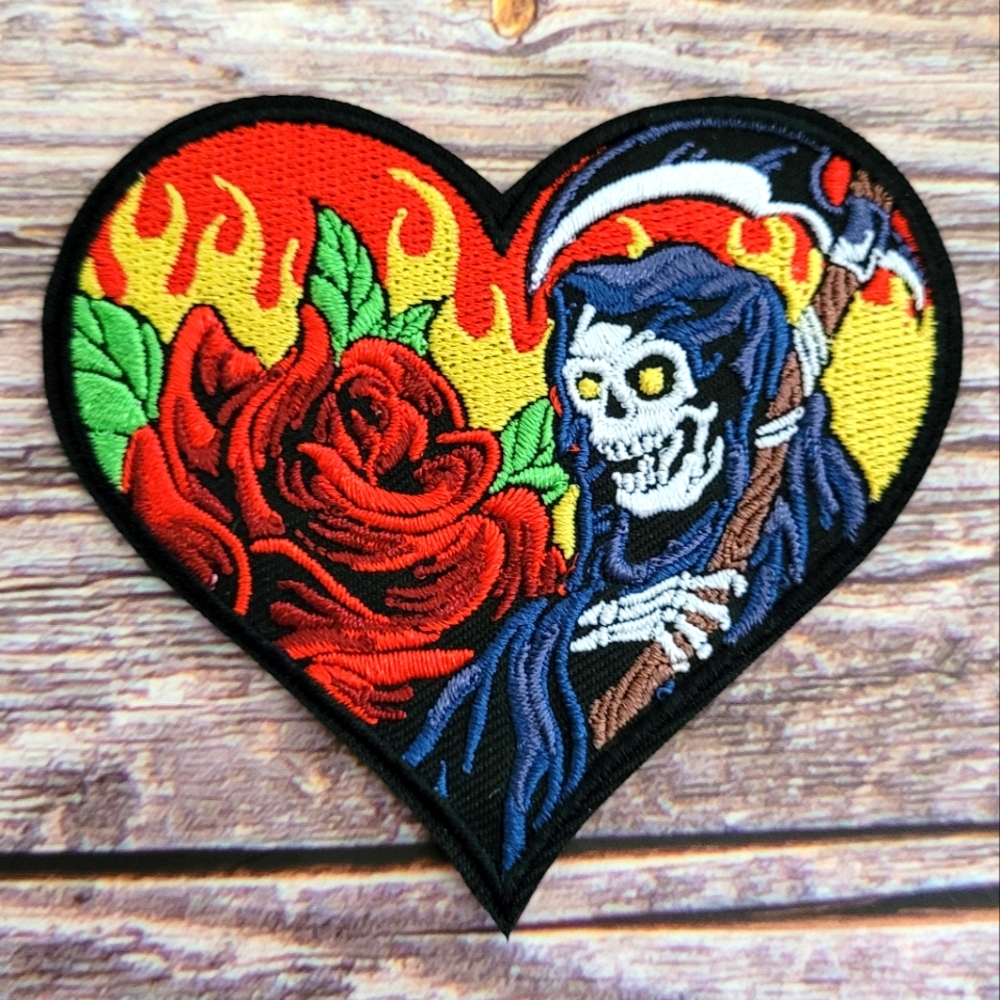 Grim Reaper Fire Rose Tattoo Style Biker Punk Heart Embroidered Iron On Patch